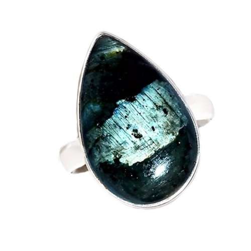 NORWEGIAN NATURAL LARVIKITE -BLACK MOONSTONE GEMSTONE SOLID .925 SILVER RING Size US 7