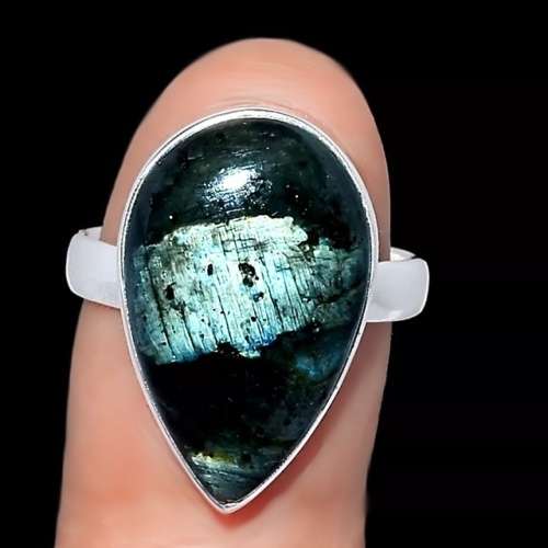 NORWEGIAN NATURAL LARVIKITE -BLACK MOONSTONE GEMSTONE SOLID .925 SILVER RING Size US 7