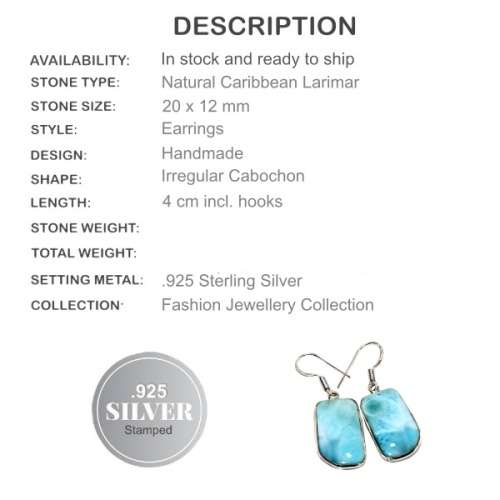 Natural Caribbean Larimar .925 Silver Earrings