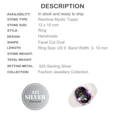 Handmade Rainbow Mystic Topaz .925 Sterling Silver Ring Size US 9