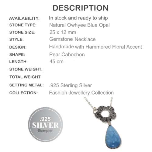 NATURAL OWHYEE BLUE OPAL GEMSTONE 925 SILVER NECKLACE