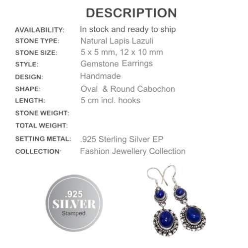 Natural Lapis Lazuli Gemstone .925 Silver Earrings