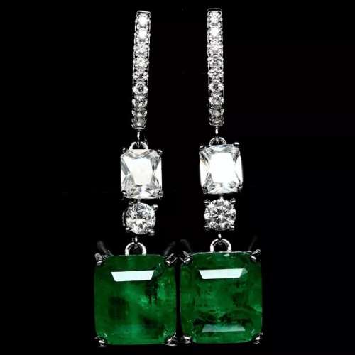 Emerald Cut Forest Green Emerald Doublet White CZ Earrings in Solid .925 Silver