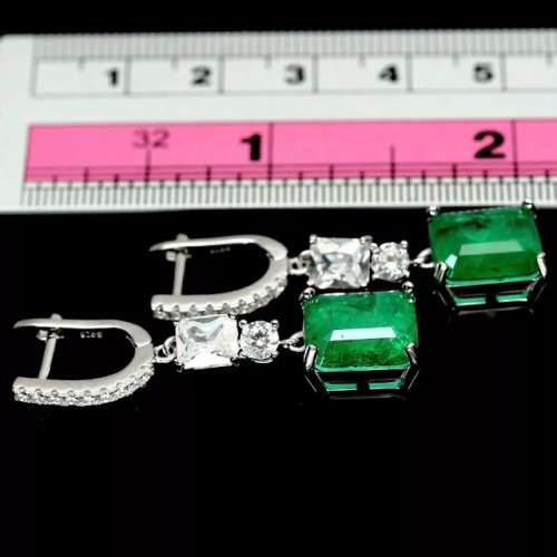 Emerald Cut Forest Green Emerald Doublet White CZ Earrings in Solid .925 Silver