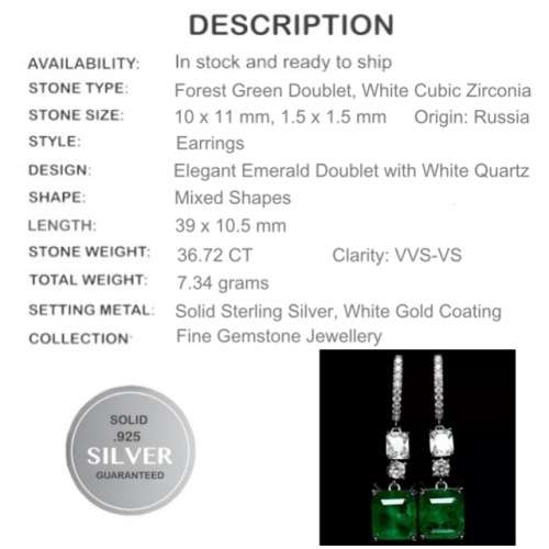 Emerald Cut Forest Green Emerald Doublet White CZ Earrings in Solid .925 Silver
