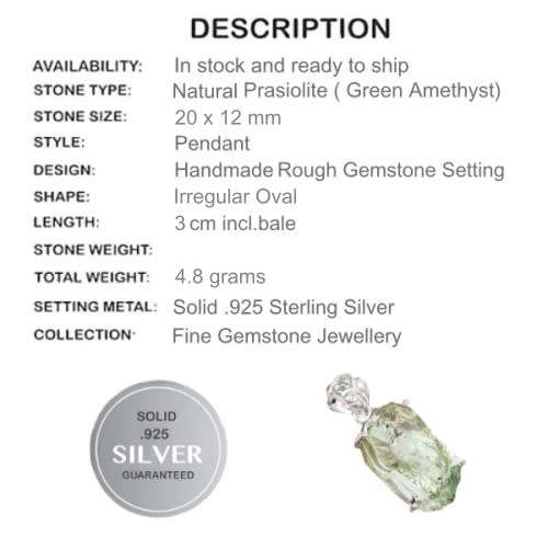 Natural Green Amethyst Rough Gemstone Solid .925 Silver Pendant and Free Chain