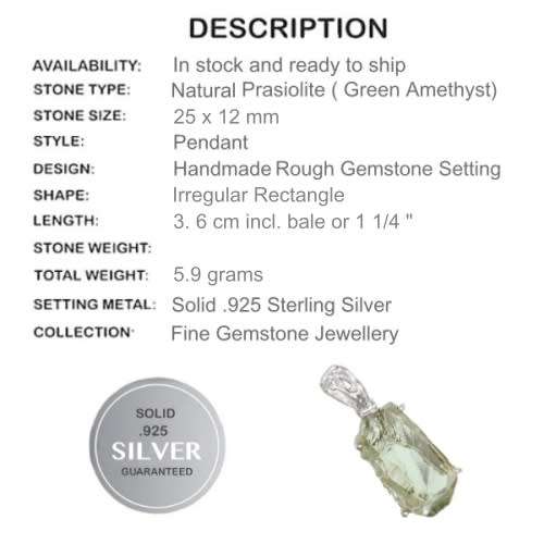 Natural Green Amethyst Rough Gemstone Solid .925 Silver Pendant and Free Chain