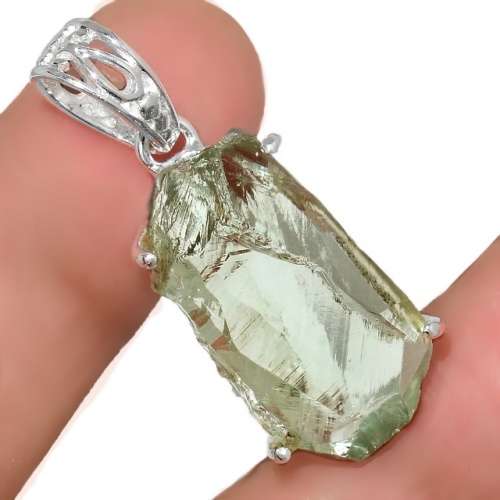 Natural Green Amethyst Rough Gemstone Solid .925 Silver Pendant and Free Chain