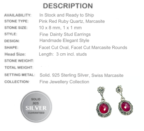 Antique style Pink Red Ruby Gemstone, Marcasite and Solid .925 Sterling Silver Earrings