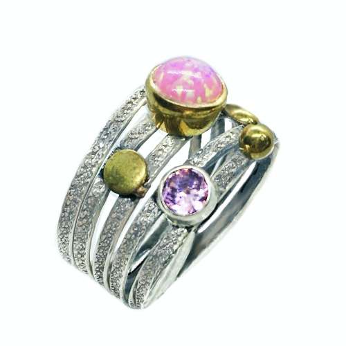 Two Tone Pink Fire Opal, Pink Topaz Gemstone Solid .925 Silver Ring Size Us 8