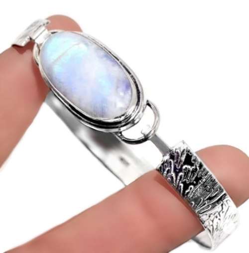 NATURAL RAINBOW MOONSTONE GEMSTONE .925  SILVER BANGLE