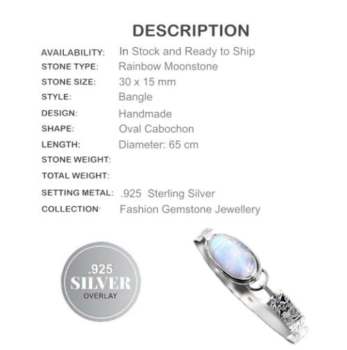 NATURAL RAINBOW MOONSTONE GEMSTONE .925  SILVER BANGLE