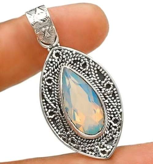 8 Ct Fire Opalite Gemstone set in Solid .925  Sterling Silver Antique Style Setting Pendant
