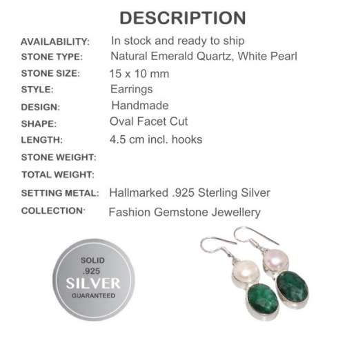 NATURAL INDIAN EMERALD QUARTZ, PEARL GEMSTONE .925 SILVER  EARRINGS