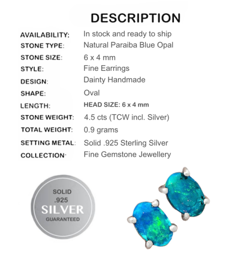 RARE NATURAL BRAZILIAN PARAIBA BLUE OPAL  SOLID .925 STERLING SILVER EARRINGS