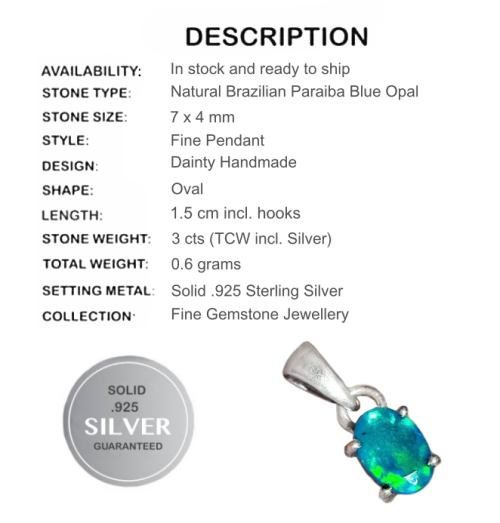 RARE NATURAL BRAZILIAN PARAIBA BLUE OPAL  SOLID .925 STERLING SILVER PENDANT + CHAIN