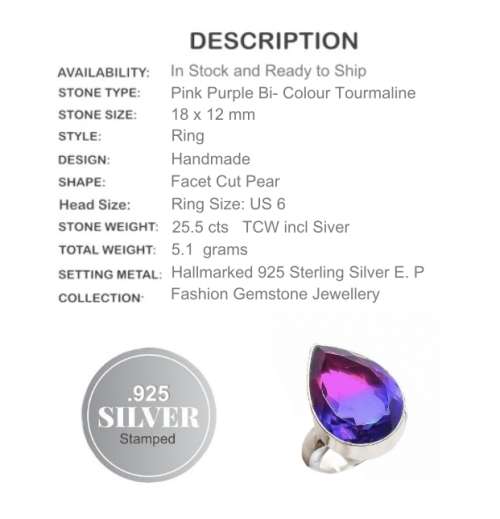 Bi-Colour Tourmaline Gemstone Hallmarked 925 Silver Ring Size 6