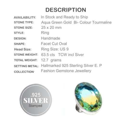 AQUA GREEN BI- COLOUR TOURMALINE .925 SILVER RING SIZE 9