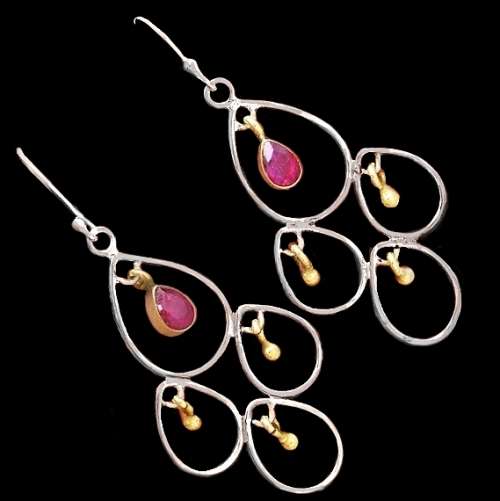 Rare Spectacular Two-Tone Indian Red Ruby, Gemstone Solid .925 Sterling Silver Earrings