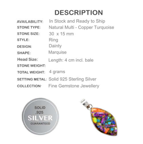Natural  Multi - Copper Turquoise Solid .925 Sterling Silver Pendant