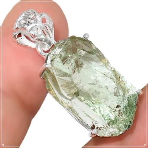Natural Green Amethyst Rough Gemstone Solid .925 Silver Pendant and Free Chain
