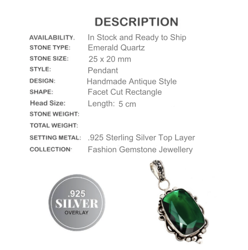Antique Style Emerald Quartz  925 Sterling Silver Pendant
