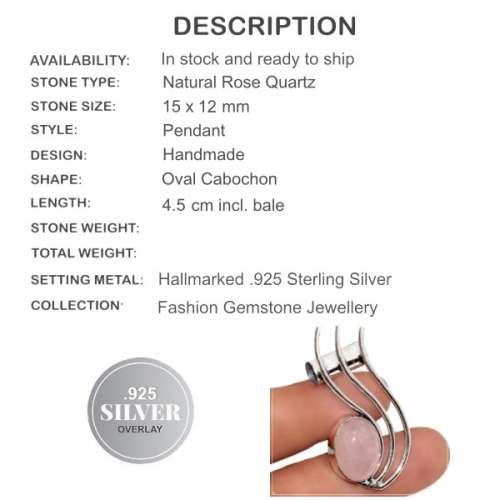 Natural Rose Quartz .925 Sterling Silver Pendant