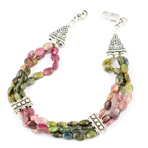 128.95 cts Natural Unheated Watermelon Tourmaline Gemstone Silver Bracelet