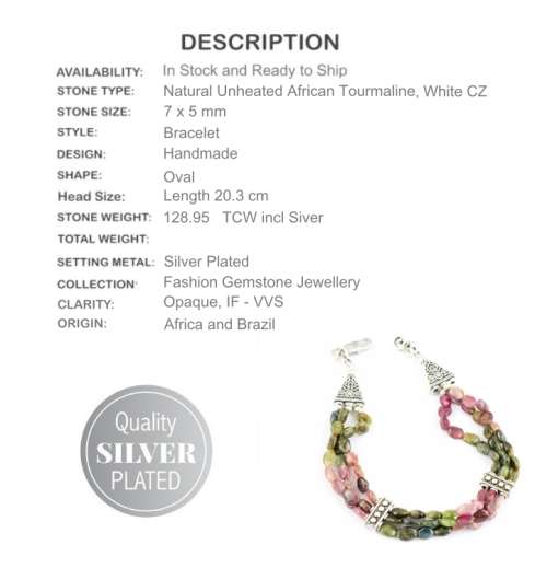 128.95 cts Natural Unheated Watermelon Tourmaline Gemstone Silver Bracelet