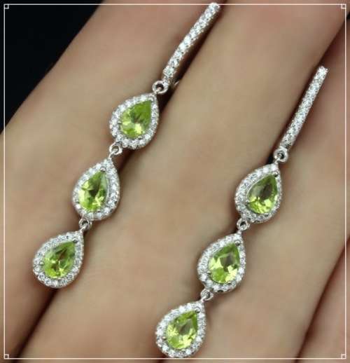 Natural Unheated Peridot, White CZ Gemstone Solid .925 Sterling Silver 14KW/Gold Earrings
