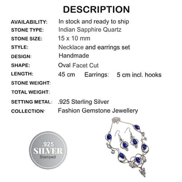 Breathtaking Indian Sapphire Gemstone 925 Silver Necklace and Earrings