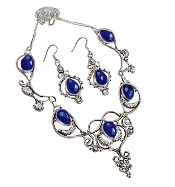Breathtaking Indian Sapphire Gemstone 925 Silver Necklace and Earrings