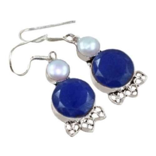 Natural Indian Sapphire, White Pearl Gemstone .925 Silver Earrings