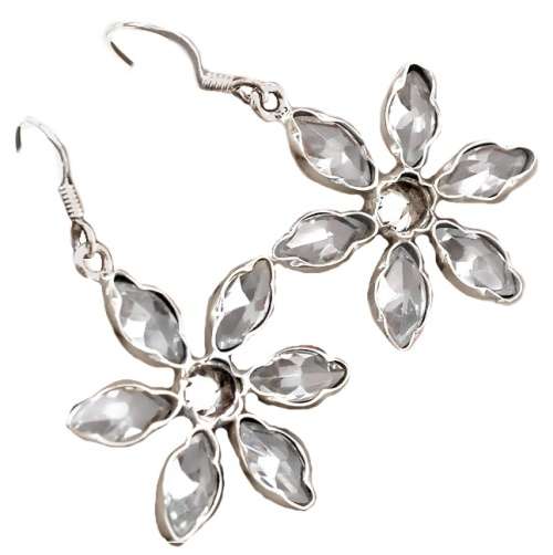 Natural White Topaz Floral Solid .925  Sterling Silver Earrings