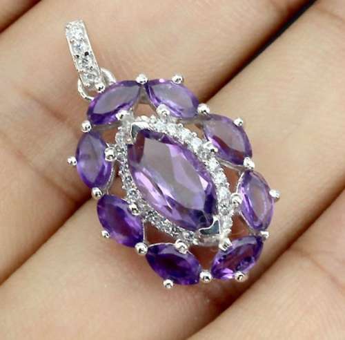 Natural Unheated Purple Amethyst & White Cubic Gemstone Solid .925 Sterling Silver Set