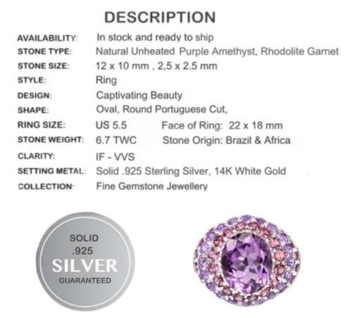 AAA Natural Purple Amethyst, Rhodolite Garnet Solid .925 Silver Ring Size 5.5
