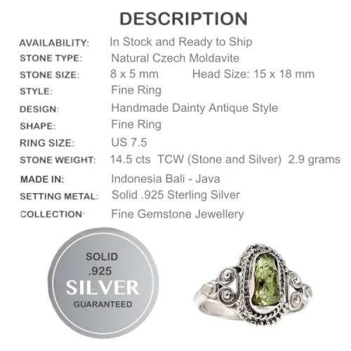Indonesian Bali-Java  Genuine Czech Moldavite Solid .925 Sterling Silver Ring Size US 7.5