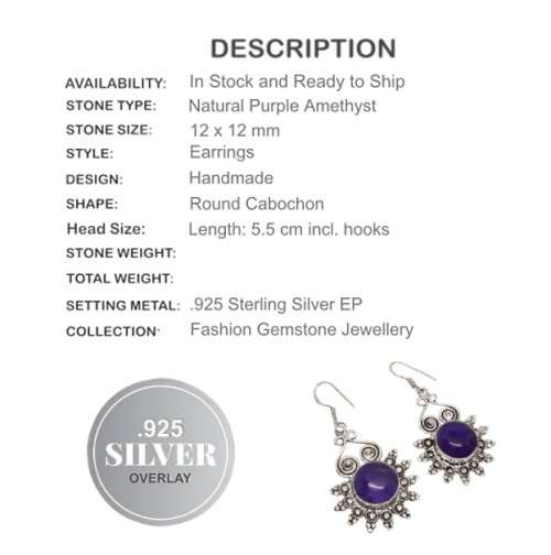 Indonesian Bali - Java Natural Purple Amethyst Gemstone .925  Sterling Silver Earrings