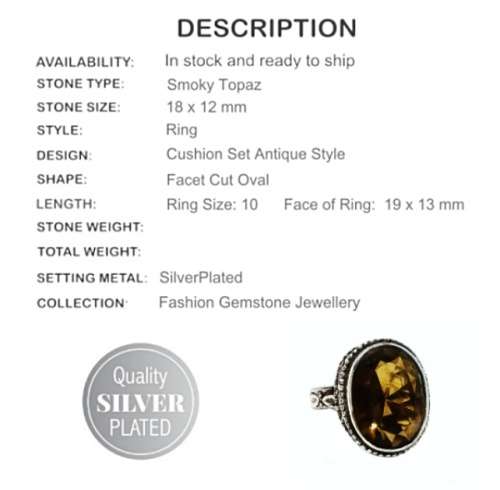 Handmade Antique Style Oval Smoky Topaz Ring Size US 10 or UK T