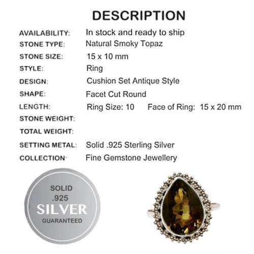 Natural Smoky Topaz 100% .925 Solid Sterling Silver Ring Size 10