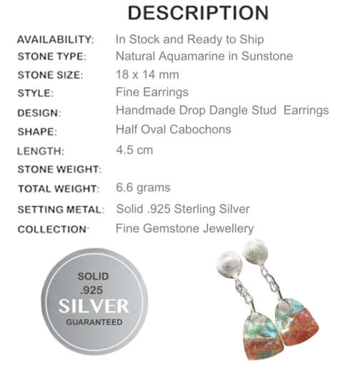 Limited Edition Natural Long Aquamarine in Sunstone set in Solid .925 Sterling Silver Earrings
