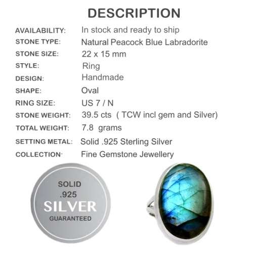 Natural Peacock Blue Fire Labradorite Gemstone Solid .925 Sterling Silver Ring Size 7 / N