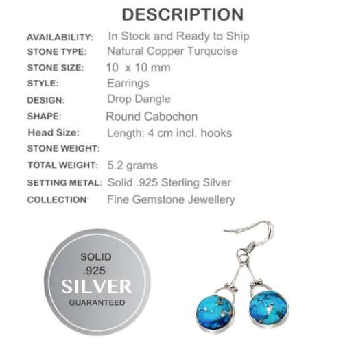 Natural Copper Turquoise Gemstone .925 Sterling Silver Earrings