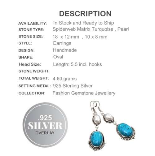Spiderweb Matrix Turquoise, Pearl Gemstone . 925 Silver Earrings