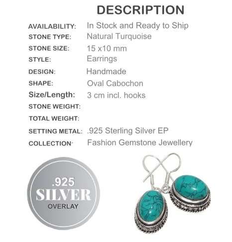 Spider Web Matrix Turquoise Gemstone .925 Sterling Silver Earrings