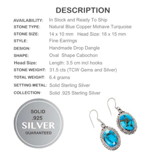 Natural Blue Copper Mohave Oval Gemstone Solid .925 Sterling Silver Earrings