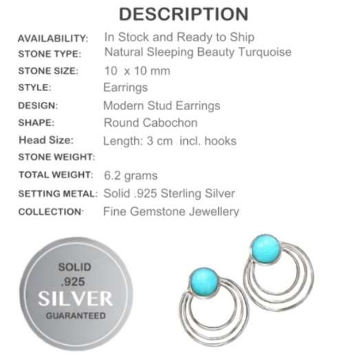 Natural Sleeping Beauty Turquoise  Gemstone .925 Sterling Silver Stud Earrings