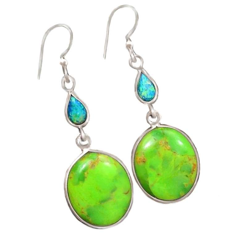 2.4 Grams Mohave Green Turquoise, Fire Opal Gemstones Solid .925 Silver Earrings