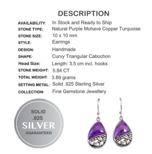 Natural Copper Purple Turquoise Gemstones Solid .925 Silver Sterling Earrings