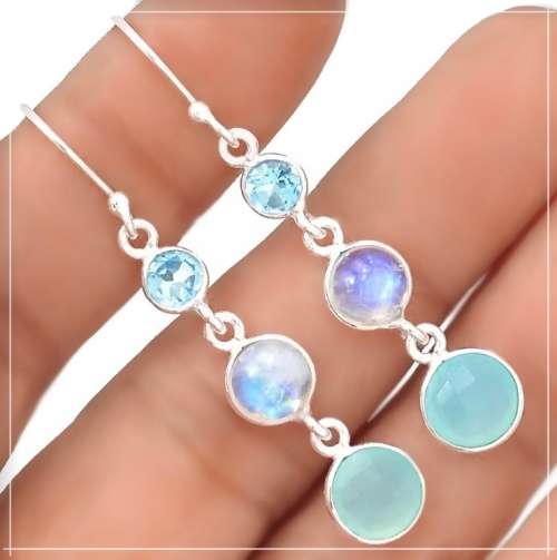 Natural Unheated Aqua Chalcedony, Blue Topaz , Rainbow Moonstone Gemstone Solid .925 Silver Earri